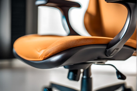 Modern office chair with orange armrest. Selective focus with shallow depth of field.の素材