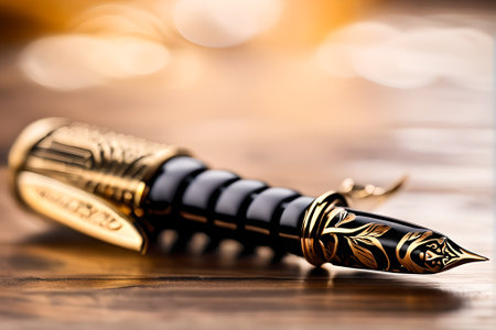 fountain pen on a wooden table with bokeh background.の素材