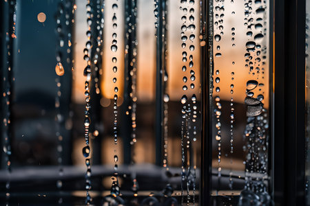 Water drops on the glass with the background of the setting sun.の素材