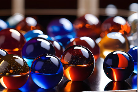 Colorful glass marbles on a black background. Close up.の素材