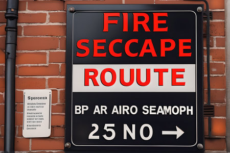 A sign on a brick wall with the words Fire Escape Required.の素材