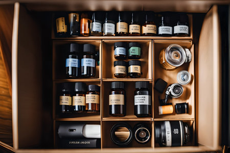 Selective focus of bottles with essential oils in wooden box on shelfの素材