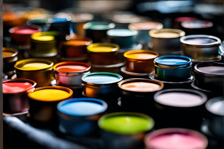 Colorful paint cans on a black background. Close-up.の素材