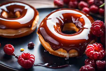 Donuts with chocolate glaze and fresh raspberries on a black plateの素材