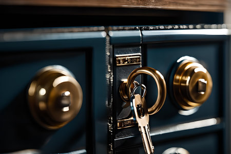 Close-up of the keys in the lock of a safe.の素材