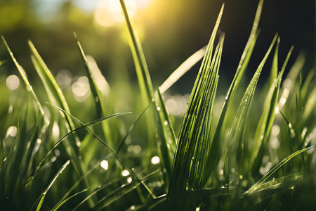 Green grass with dew drops in the sunlight. Nature background.の素材