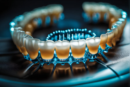 Dental teeth orthodontic dentistry teachng model with gums, tooth enamel, roots and metal implants.の素材