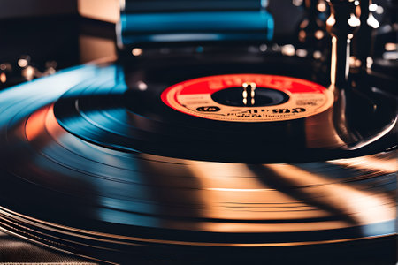 Vinyl record on a turntable, close-up.の素材
