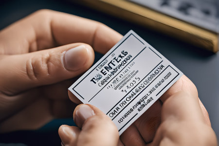 Close up of a female hand holding a boarding pass ticket over black backgroundの素材