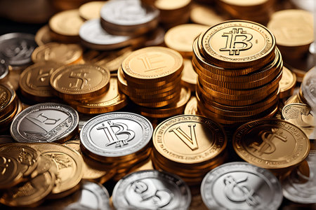 Golden coins with bitcoin symbol on it. Cryptocurrency concept.の素材