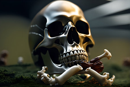 Human skull and bones on a dark background. 3d illustration.の素材