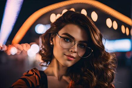 Portrait of a beautiful girl in glasses. Beauty, fashion. Optics.の素材