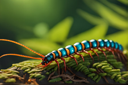 Closeup of a centipede on a green leaf in natureの素材