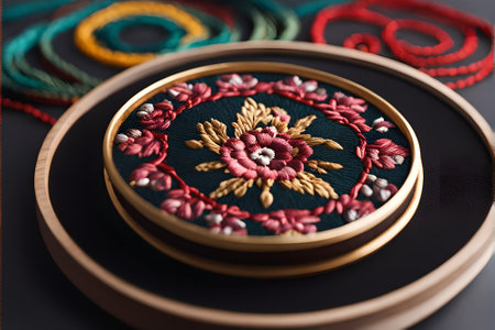 Embroidery on a black background. Close-up.の素材