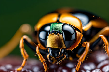 Close-up of the head of a yellow and black rhinoceros beetleの素材