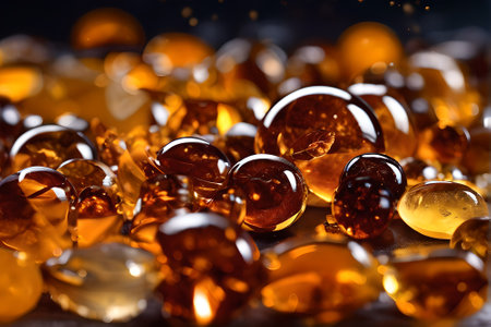 Fish oil capsules on a dark background. Shallow depth of field.の素材