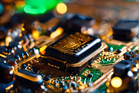 Close up of electronic circuit board with microchips. Technology backgroundの素材