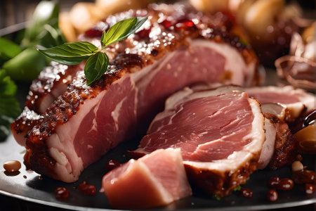Pork tenderloin on a black plate with spices and herbsの素材