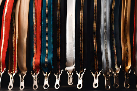 Close up of colorful zippers in a store. Horizontal shot.の素材
