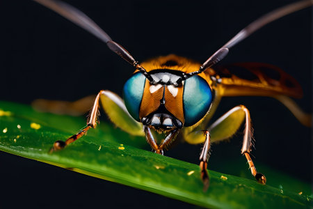Close up of the head of a beetle on a green leaf.の素材
