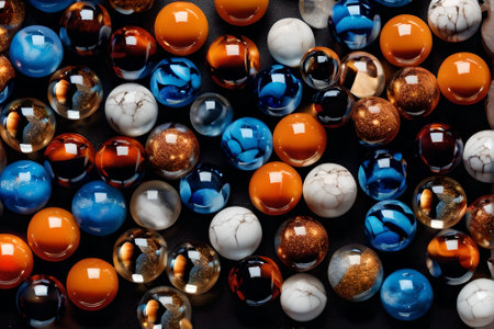 Group of colorful glass beads on a black background close-up.の素材