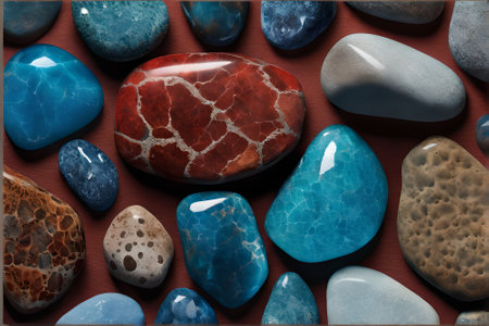 Colorful stones on wooden background, top view. Close-up.の素材