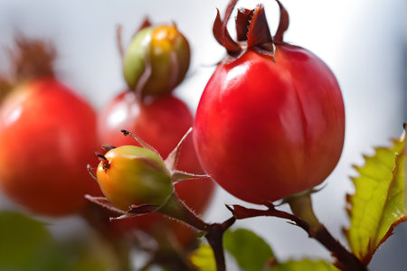 Ripe rosehip berries on a branch. Shallow depth of field.の素材
