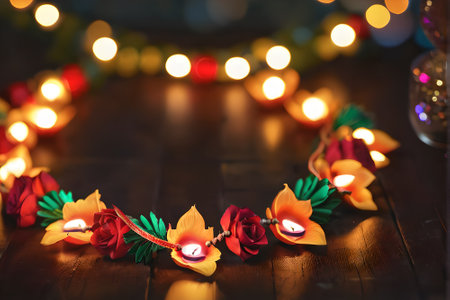 Diwali diya on wooden background with bokeh lightの素材