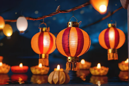 Lanterns and candles for Chinese New Year, close upの素材