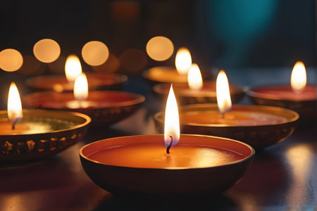 Burning diya lamps on dark background. Diwali celebrationの素材