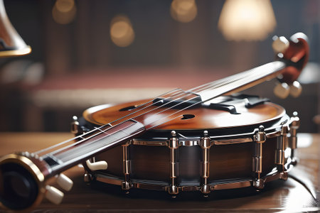 violin on wooden table in music studio, close-up viewの素材