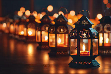 Lanterns with burning candles on wooden background. Ramadan Kareem concept.の素材