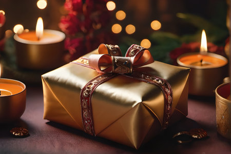 Gift box with ribbon and burning candles on table, closeupの素材