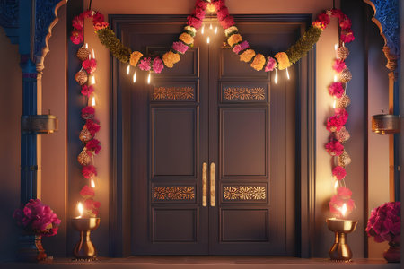Door decorated with flowers, garlands and candles in the interiorの素材