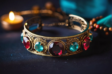 jewelry and luxury jewellery on dark background, close upの素材