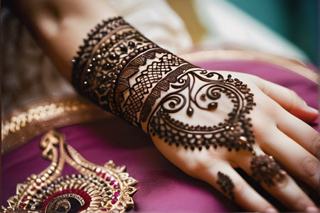 Henna tattoo on hand of indian bride, close-upの素材