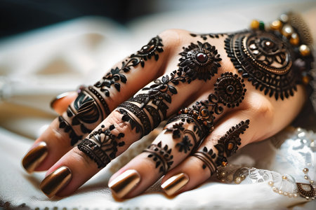 Beautiful female hands with henna tattoo on fingers, closeupの素材