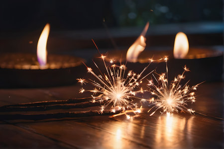 sparklers on a wooden table with candles in the background.の素材
