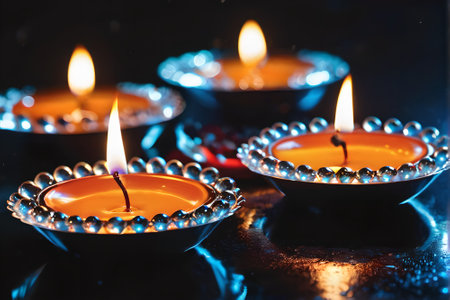Close up of burning candles on black background with shallow depth of fieldの素材