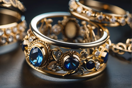 Jewelry ring with blue gemstones on a black background.の素材
