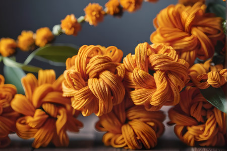 Bouquet of orange marigold flowers tied with rope.の素材