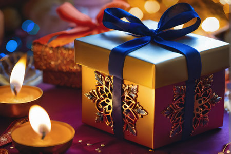 Christmas gift box with a blue bow on the background of a burning candleの素材