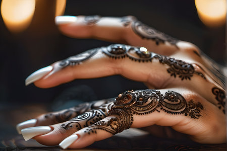 Hands of a young woman with henna tattoo on her hands.の素材