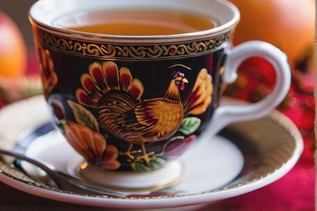 A cup of tea with a rooster on a red tableclothの素材