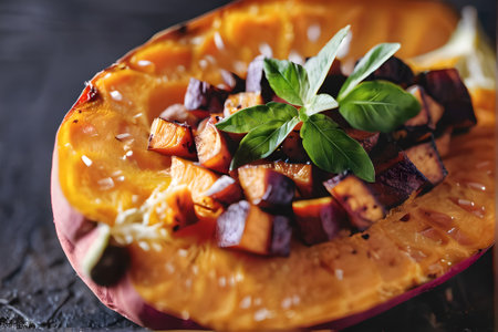 Pumpkin salad with baked sweet potato, herbs and spices on black backgroundの素材