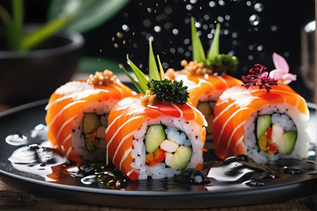 Sushi roll with salmon, avocado, cucumber, cream cheese and tobiko caviarの素材