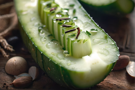 Sliced cucumber on a wooden background. Selective focus.の素材