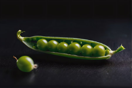 Green peas on a black background. Pea pods with green peas.の素材