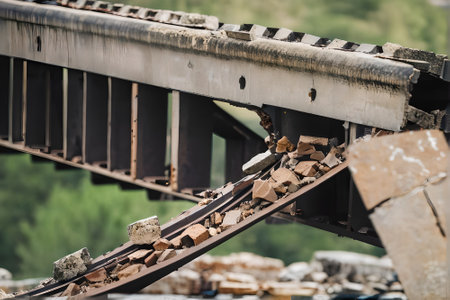 Abandoned railway track with broken rails and rubble, close upの素材