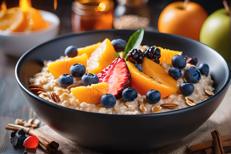 Oatmeal with berries and fruits in a bowl on a wooden tableの素材